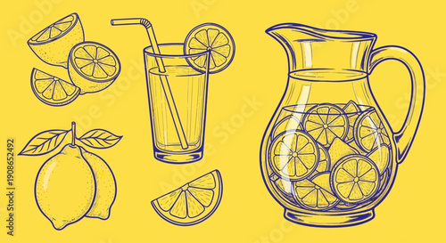 Refreshing Lemonade Illustration Featuring Lemons and a Pitcher on a Bright Background from a Front View