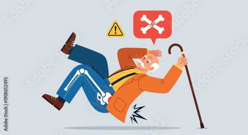 Elderly man slipping on a banana peel on the ground, falling down with a cane in hand, in a comical accident scene illustration