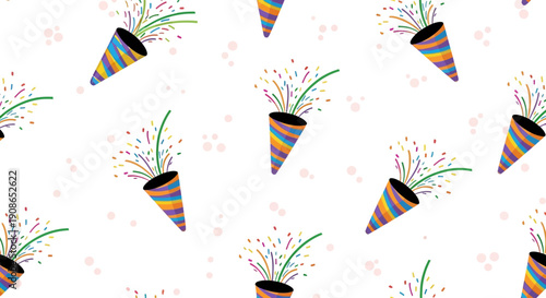 Celebratory party horns and colorful streamers pattern on a whimsical background with festive decorations and joyful atmosphere viewed from directly above