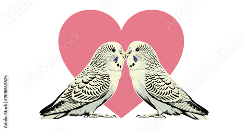 Two birds perched facing each other with beaks touching in front of a large pink heart illustration