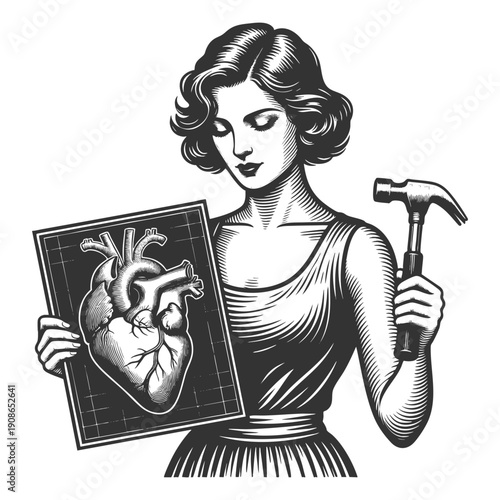 woman holding a hammer and a technical drawing of a human heart, symbolizing emotional rebuilding sketch engraving generative ai fictional character vector illustration. Scratch board. Black and white