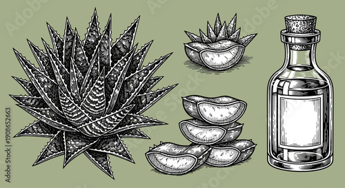 Illustration of aloe vera plant and its gel extracts with a bottle of liquid from a top-down viewpoint