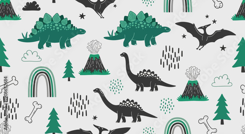 Prehistoric creatures and volcanoes in a whimsical landscape with dinosaurs and illustrations