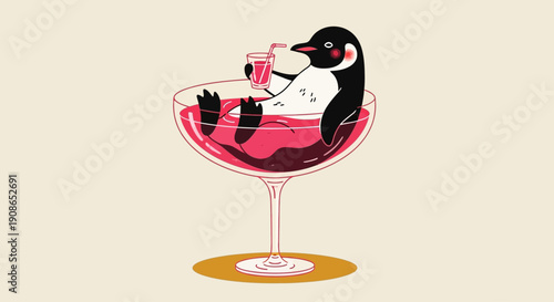 Penguin Relaxing in a Cocktail Glass with a Drink, Enjoying Leisure Time, Illustration Art