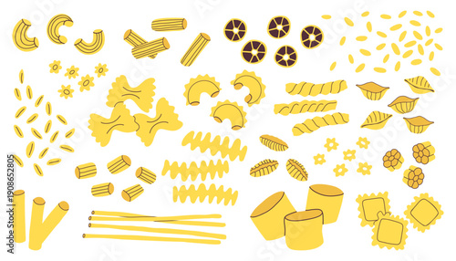 Italian Pasta Shapes. Assortment Spaghetti Penne Farfalle Rigatoni Fusilli Ravioli Conchiglie Isolated on White
