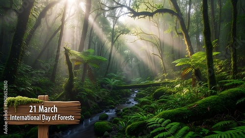 Lush forest with a stream and wooden sign celebrating international day of forests on twenty first march in a serene natural environment always