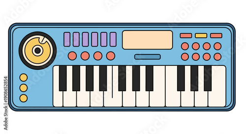 Illustration of a blue electronic keyboard with controls and buttons from a front viewpoint