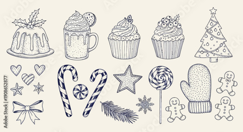 A festive holiday collection featuring desserts, candies, and decorations from a top-down viewpoint.