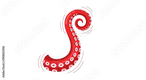 Red tentacle illustration with suckers, curled and twisted, isolated on a clean background, viewed from the side