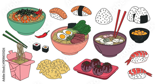 фотографія Assorted Asian cuisine illustration featuring various dishes and ingredients on