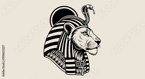 Ancient Egyptian Lion Illustration Featuring Pharaonic Headress and Sacred Animal Symbolism in a Classical Art Style