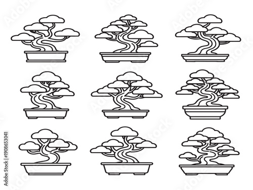 Bonsai tree shapes 2D vector line art with a pruned and elegant aesthetic