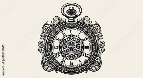 An intricately designed pocket watch with Roman numerals and ornate details in a vintage illustration