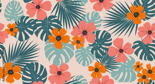 Tropical flowers and leaves pattern viewed from directly above in a vibrant floral arrangement