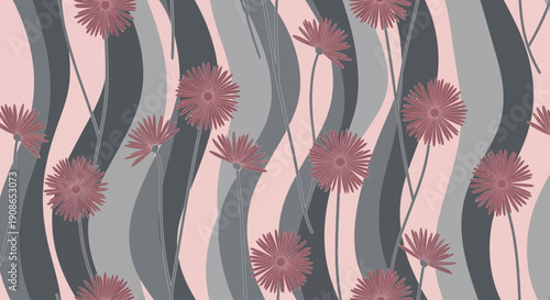 Floral pattern with wavy lines and pink flowers in a repeating design viewed from directly above