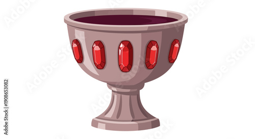 A majestic, ornate goblet with red jewels, standing tall on a transparent background, viewed from the front.