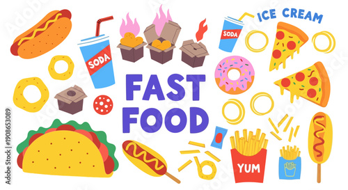 Vibrant fast food illustration featuring tacos, hot dogs, and ice cream treats from a top-down viewpoint.