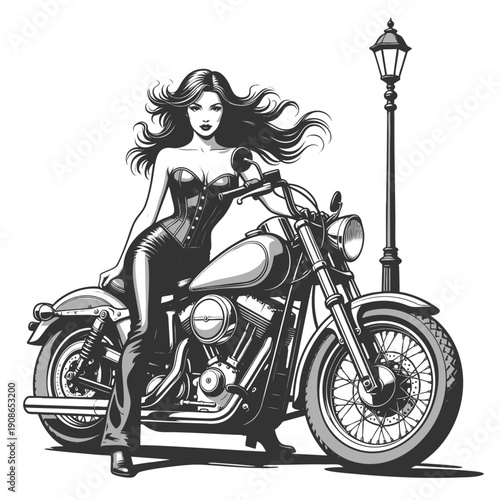 woman in leather clothing sitting on a classic motorcycle beside a vintage streetlamp, exuding boldness and style sketch engraving generative ai vector illustration. Scratch board. Black and white.