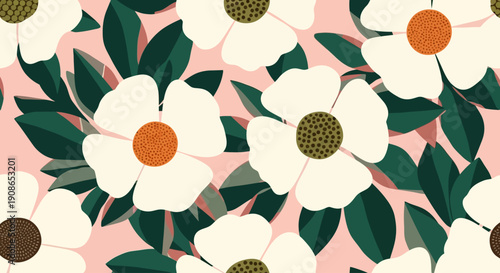 A beautiful floral pattern featuring white flowers with green leaves on a pastel pink background viewed from directly above