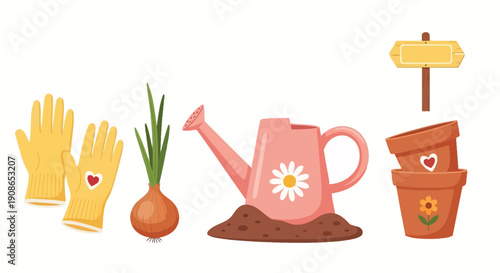 Gardening tools and flowers illustration showcasing gardening essentials from various viewpoints in a garden environment