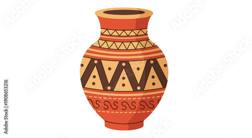 An ornate clay vase with geometric patterns and designs on a plain background from a front viewpoint