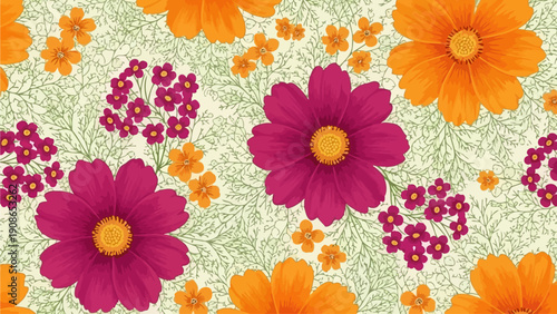 Vibrant floral pattern featuring zinnias, cosmos, and flowers in a lush, garden environment from a top-down viewpoint.