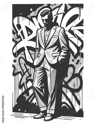 man in a modern suit posing in front of a graffiti-covered wall, blending elegance and street art sketch engraving generative ai fictional character vector illustration. Scratch board. Black and white