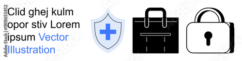Cybersecurity, online protection, digital privacy, secure transactions, healthcare security, access control. Shield with cross, briefcase and padlock. Cybersecurity and online protection concepts