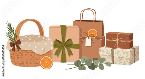 A collection of gift bags and boxes with ribbons and oranges, presented in a festive arrangement with eucalyptus leaves
