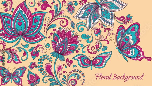 Vibrant Floral Pattern with Butterflies and Flowers Illustration