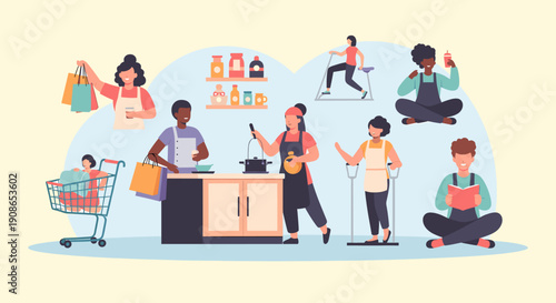 A cheerful illustration of a shopping cart filled with groceries, perfect for retail marketing materials.