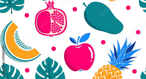 Vibrant tropical fruits and leaves arranged in a colorful pattern on a clean background from a top view