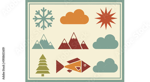 Vibrant illustration of mountains, snowflake, sun, clouds, and fish in a simple, graphic style
