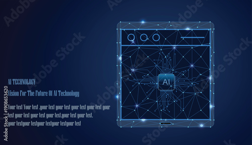AI technology web browser on tablet with AI chip in low poly wireframe blue style. 
Digital network and future computing background. Web application and data concept.