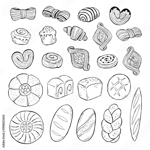 Big collection of bakery assortment as vector sketch illustration on a white background. Outline clip art drawing of different types of bread and pastry for menu, advertising, logo, or print. 