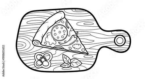 A wooden board illustration featuring a pizza slice with toppings and ingredients from a top-down perspective in a minimalist environment.