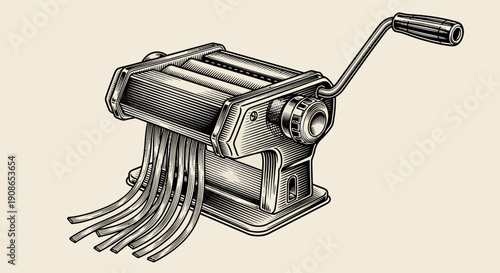 Vintage pasta machine illustration with multiple attachments, viewed from the side, showcasing its metal components and mechanical details