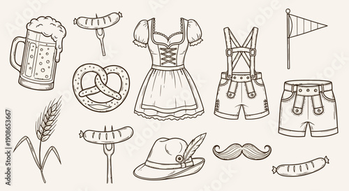 Traditional German attire and symbols, including beer, pretzel, and lederhosen, arranged together, illustrated in a simple line art style, from a straightforward viewpoint.