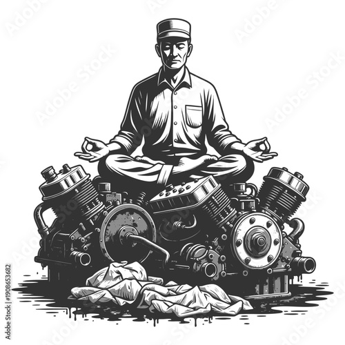  calm mechanic sitting cross-legged atop oily engine parts, blending mindfulness with industrial grit sketch engraving generative ai vector illustration. Scratch board imitation. Black and white image