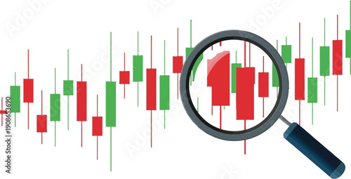 Magnifying glass examining volatile stock market chart