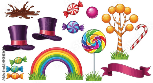 Vibrant Cartoon Illustration of Candy and Hats on Grassy Terrain with Rainbow and Sweets