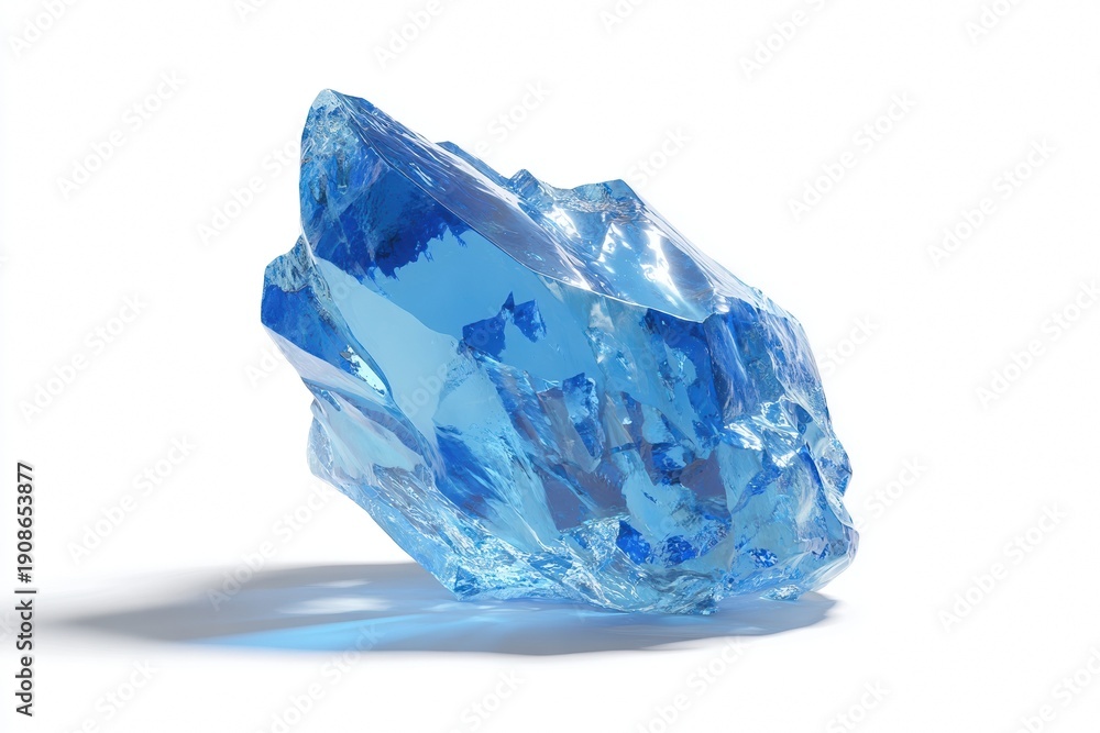 Fototapeta premium Blue crystal fragment with light refraction on white.