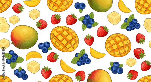 Assorted fresh fruits including pineapples, strawberries, blueberries, and mango slices arranged randomly on a flat surface