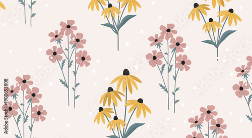 A serene floral pattern featuring yellow and pink flowers in a repeating design on a soft background viewed from directly above