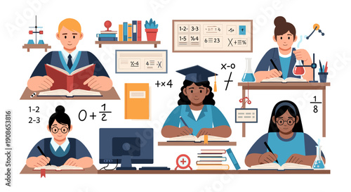 A cheerful student tackles math equations, perfect for educational content and learning materials.