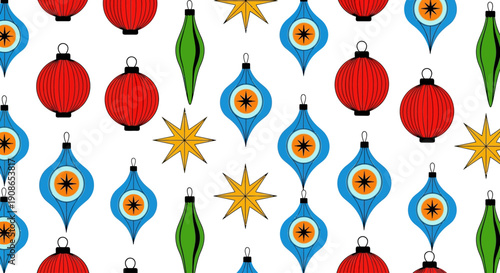 Vibrant Christmas ornaments and stars pattern in a festive holiday arrangement