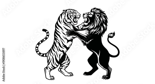 Two majestic lions engaging in a fierce confrontation, standing upright and facing each other with sharp claws outstretched