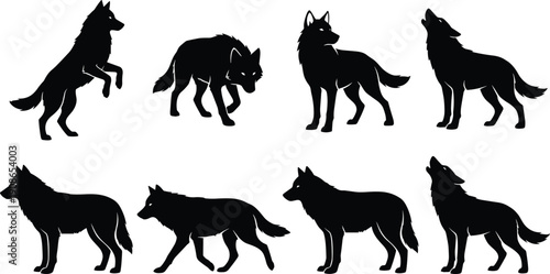 Wolf silhouette vector collection featuring howling, standing and walking poses, black wild canine icons isolated on white for wildlife design, logos and branding
