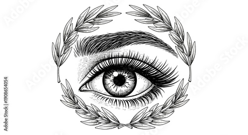 A detailed black and white illustration of a human eye surrounded by a laurel wreath viewed straight on