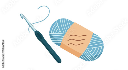 Crochet hook and yarn ball illustration on a simple background from a straightforward viewpoint